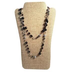 Vintage Acrylic Station Necklace Black & Grey Extra Long